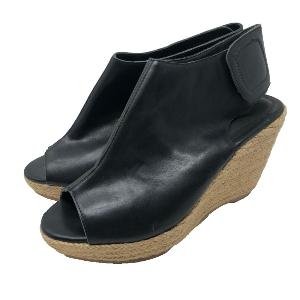 Scala Jute Wedge Sandal Black Leather Open Toe Platform Womens 9 39